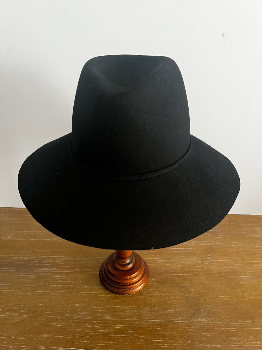 Vintage Kathy Jeanne Black 100% Wool Felt Fedora Wide Brim Hat Made in USA